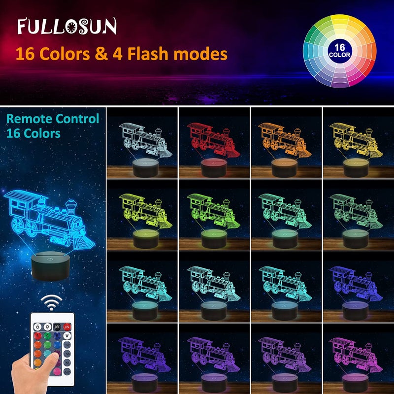FULLOSUN Train Night Light, 3D Illusion Lamp for Kids, 16 Colors Changing with Remote Control Dim Function, Creative Birthday Xmas Gifts for Kids Boys Bedroom Decor - Image 2